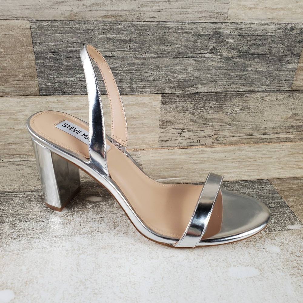 Steve Madden Emilie Womens Sandals Sz 9.5 Silver Foil Leather Slip On Block Heel